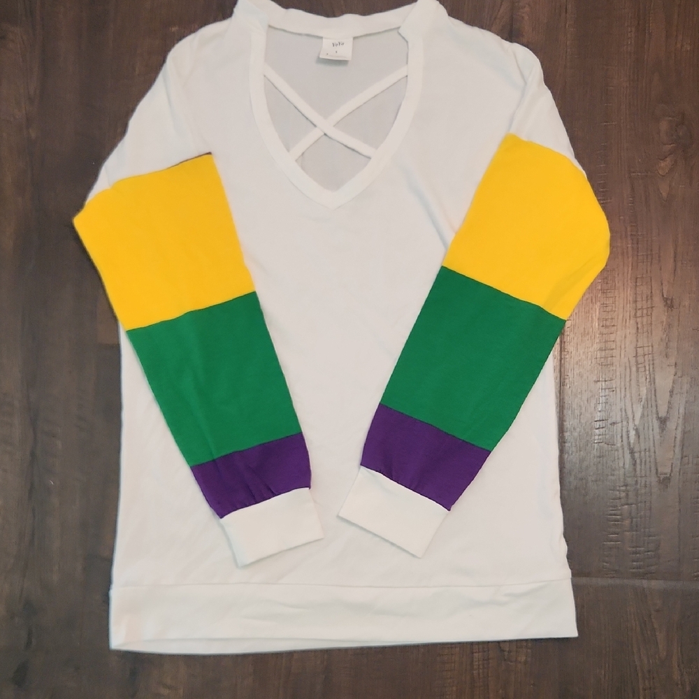 Mardi Gras Colorblock Long Sleeve V-Neck Top